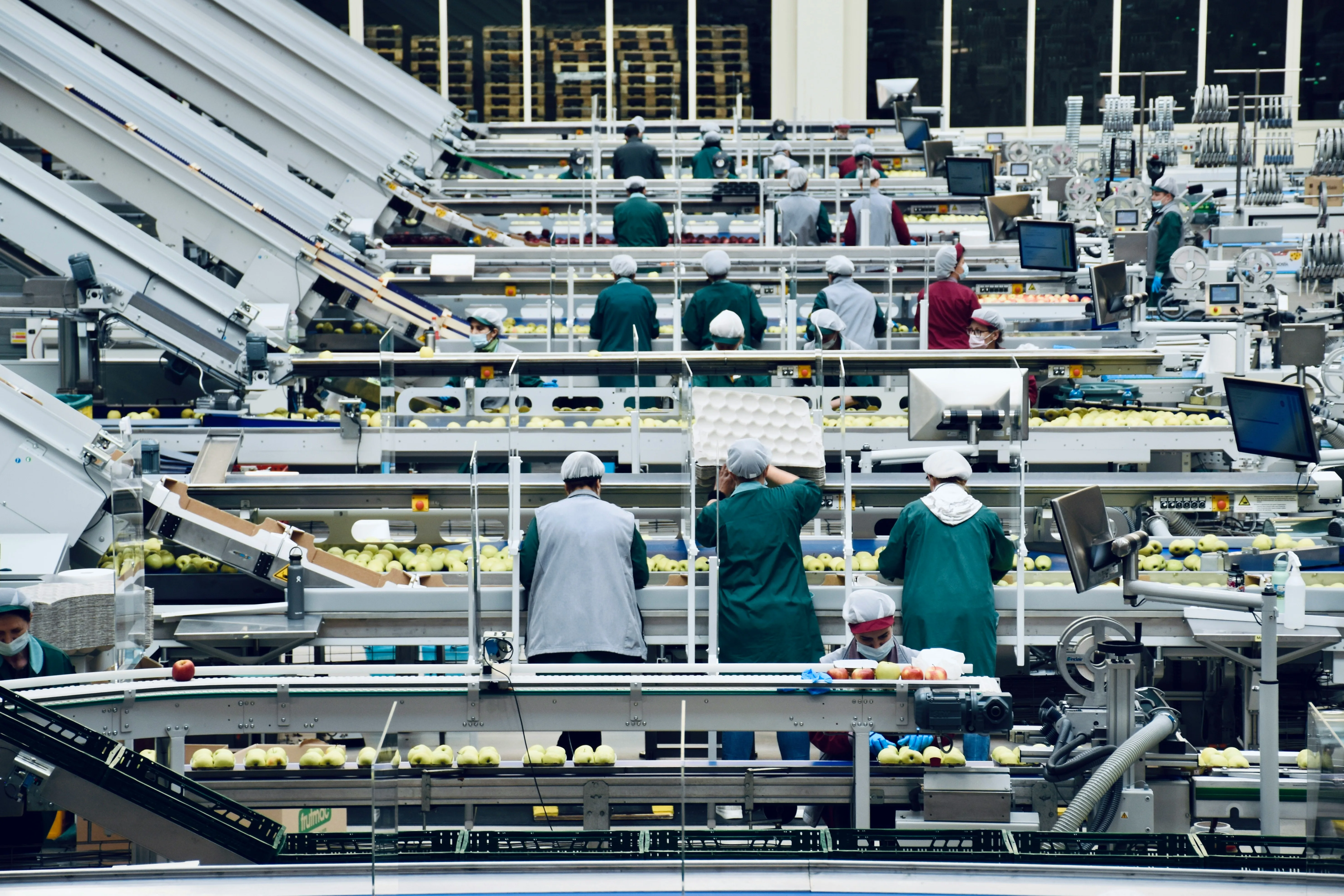 Logistics production and distribution line with workers