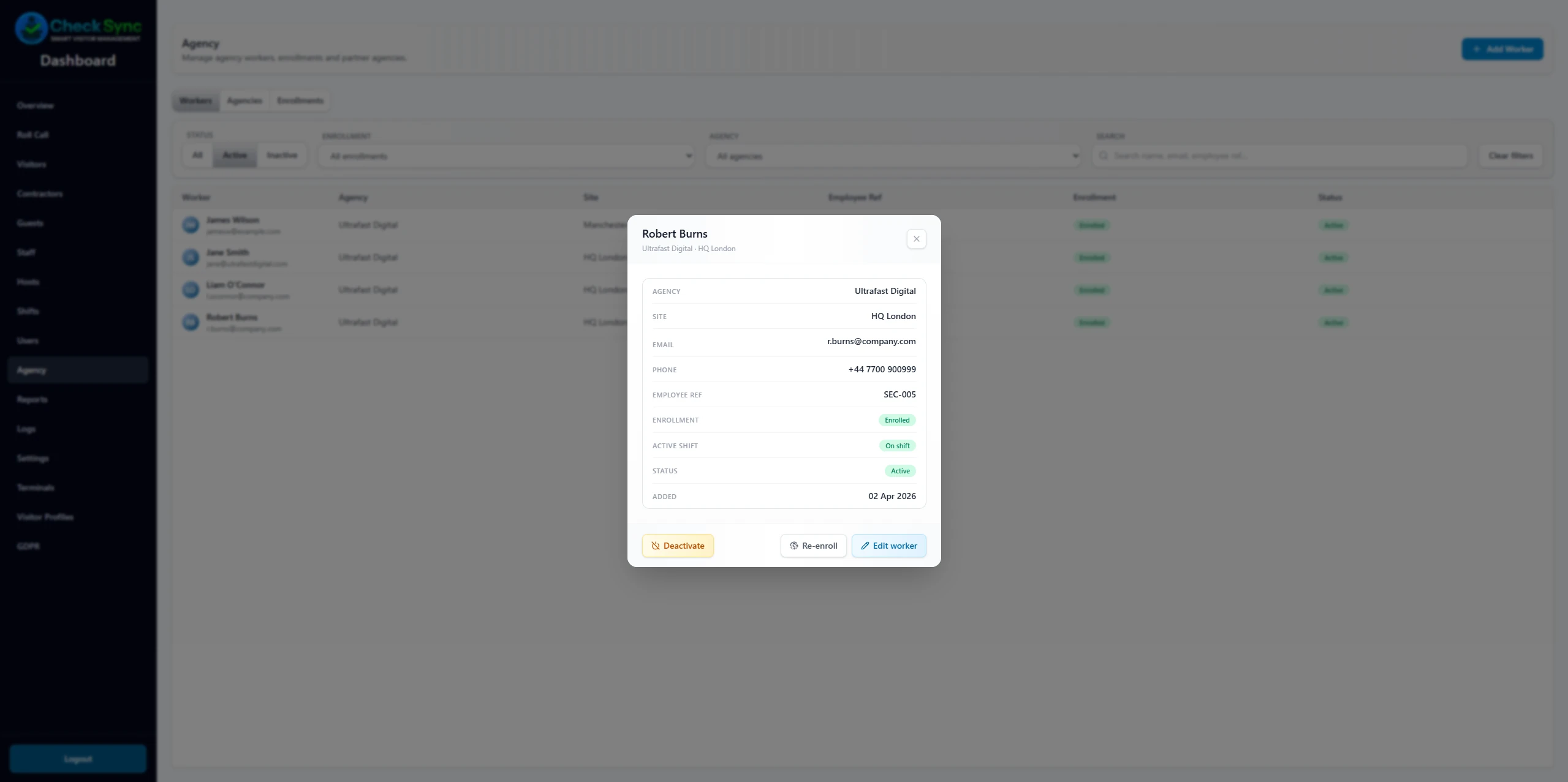 CheckSync dashboard showing agency worker attendance records