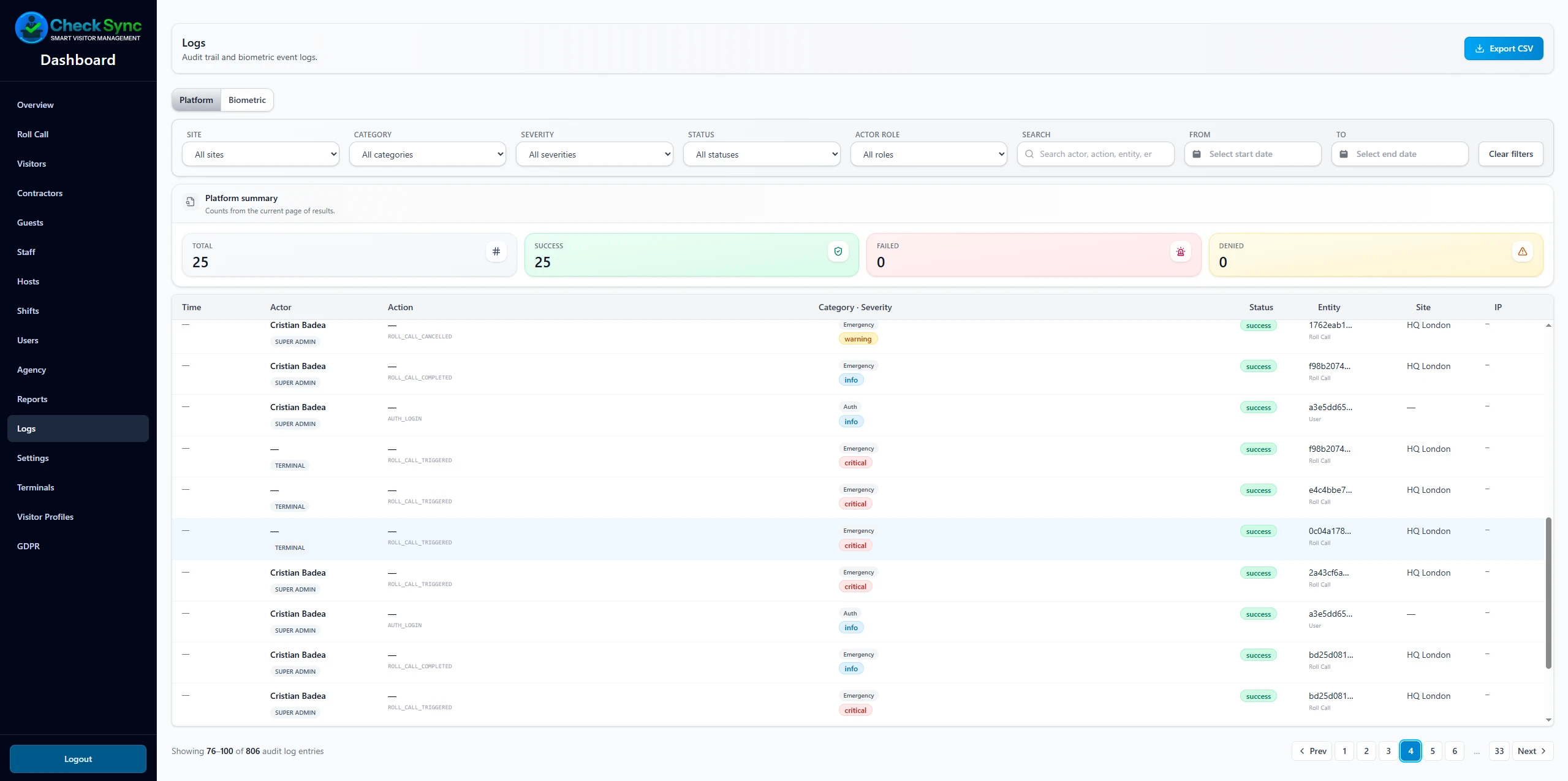 CheckSync dashboard audit log screen showing timestamped sign-in events