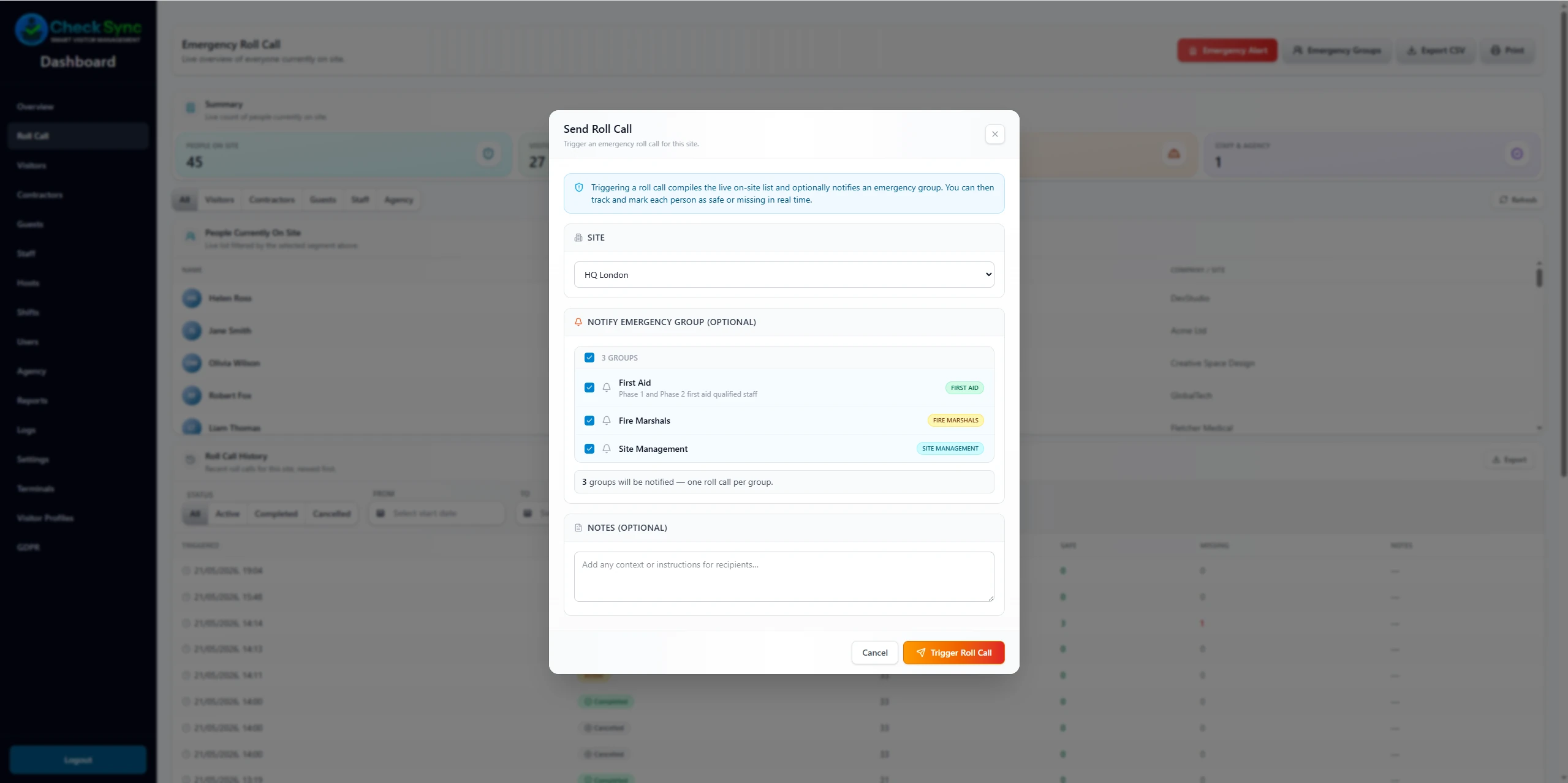 CheckSync dashboard showing emergency roll call composition screen