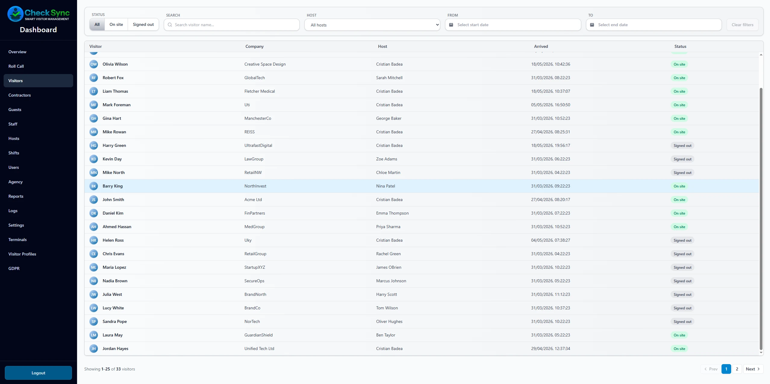 CheckSync dashboard showing visitor records and live on-site count