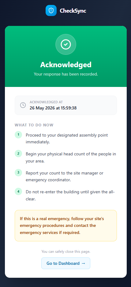 Roll call acknowledge — one tap from email, no login required