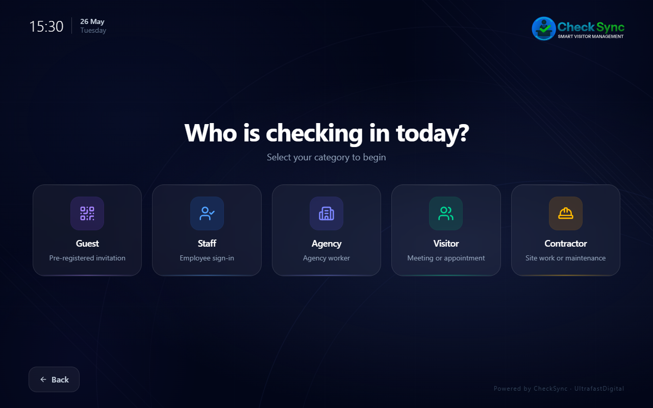 CheckSync terminal check-in screen