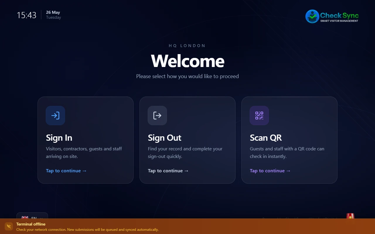 CheckSync terminal showing offline connectivity banner - queuing submissions automatically