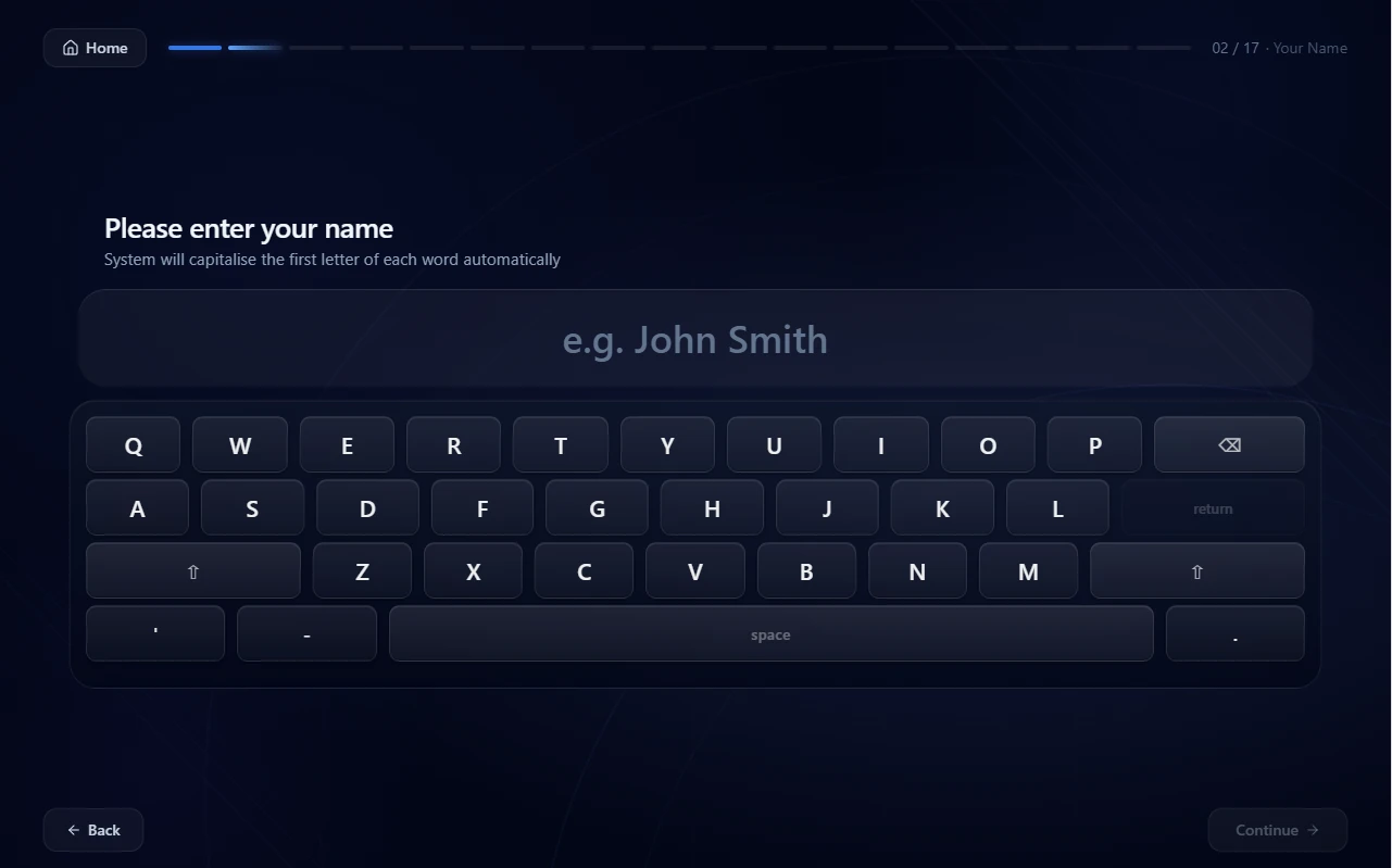 CheckSync terminal showing visitor name entry during check-in